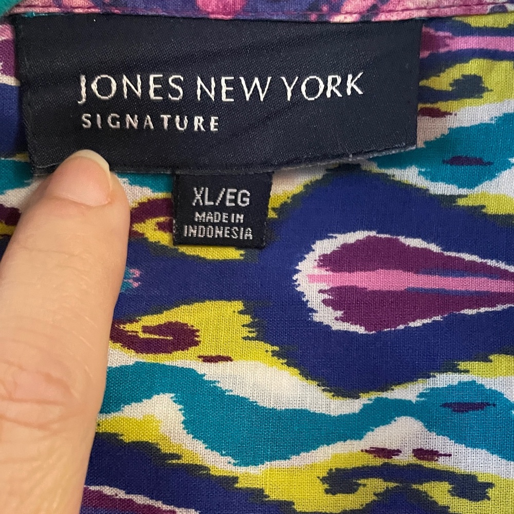 Jones New York Women’s Psychedelic Ikat Exotic Print Blouse Long Sleeves Sz XL
